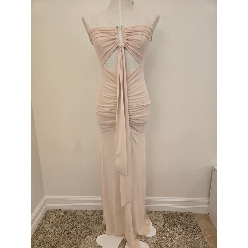Peppermayo Blush Pink Mesh Strapless Ruched Cutout Maxi Dress XS US 2
